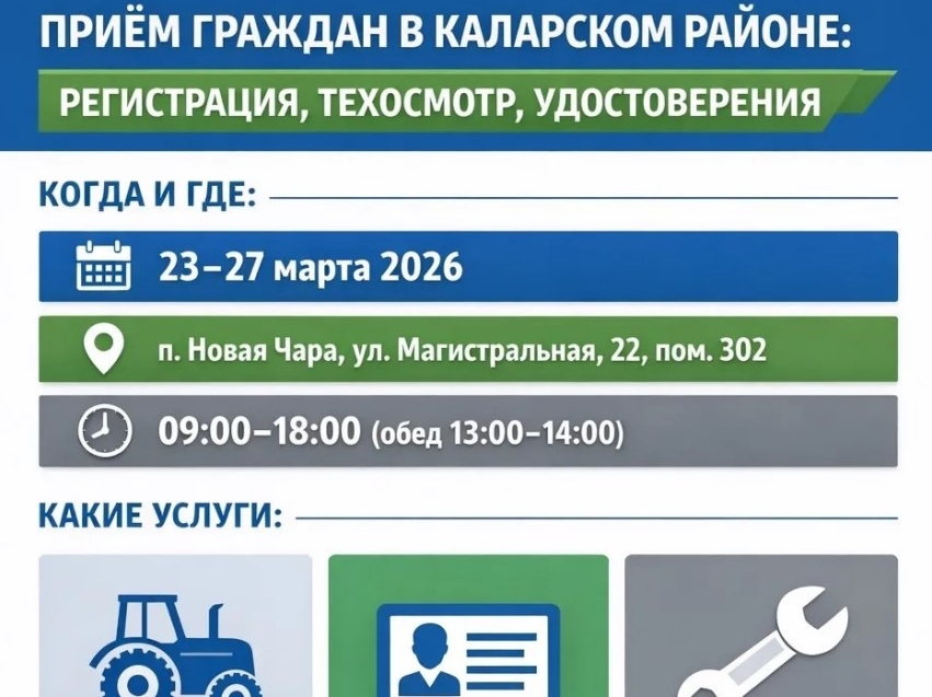 ​Жители Каларского района с 23 по 27 марта 2026 года смогут зарегистрировать самоходные машины, получить (заменить) удостоверение тракториста‑машиниста и пройти техосмотр