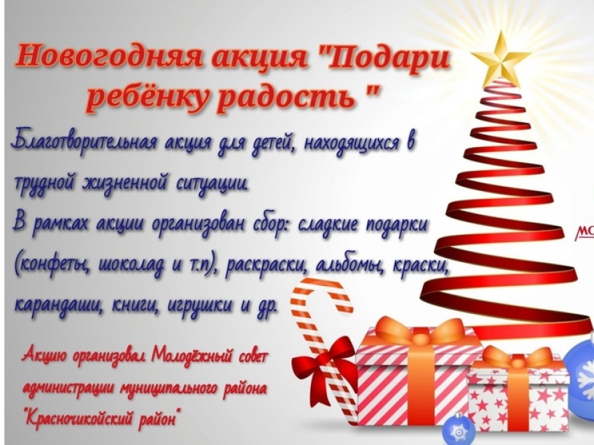 Молодёжный Совет  Красночикойского района проводит новогоднюю акцию "Подари ребёнку радость "