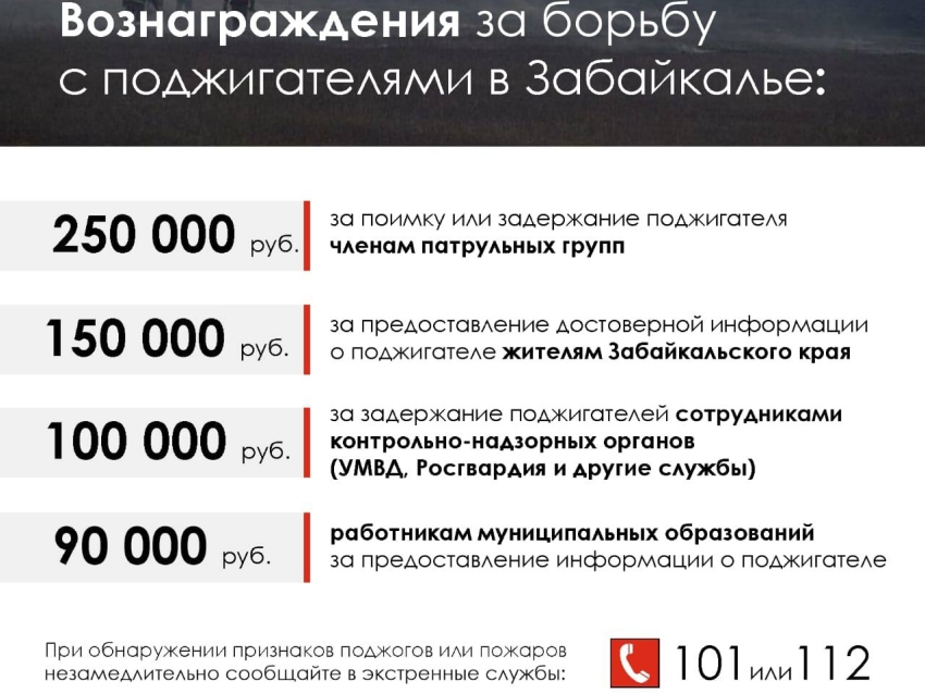 Власти Забайкалья повысили денежные вознаграждения за выявление и задержание поджигателей полей и лесов