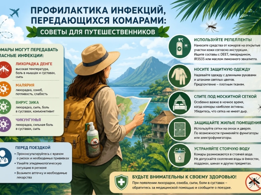 Профилактика инфекций, передающихся комарами: советы для путешественников