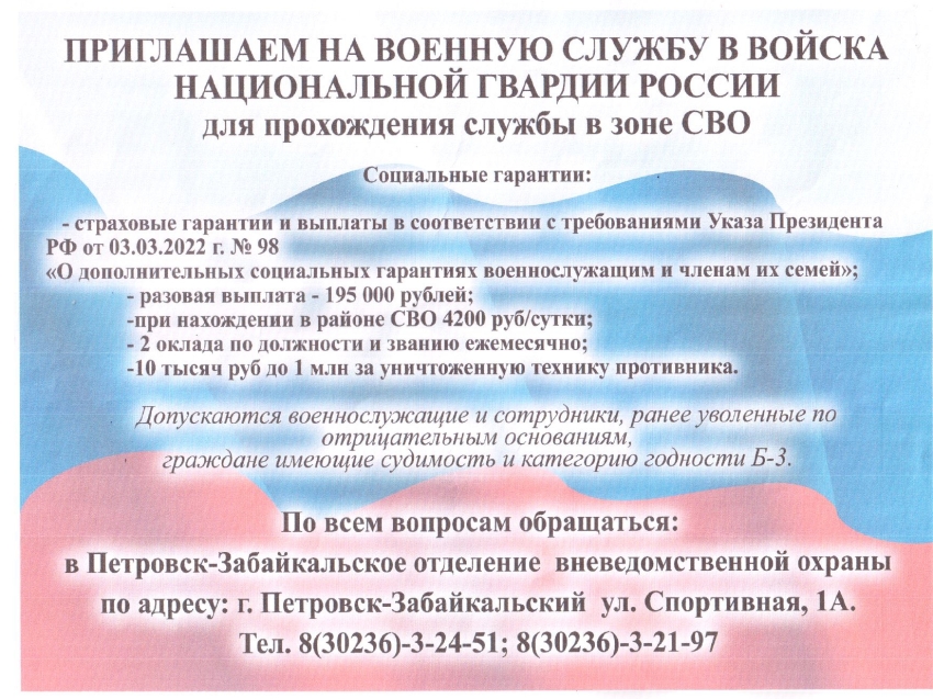 Приглашаем на военную службу в войска национальной гвардии России для прохождения службы в зоне СВО