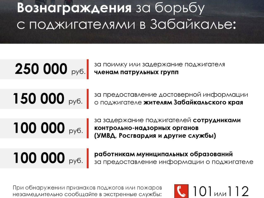В Забайкалье повышен размер вознаграждения за выявление и задержание поджигателей