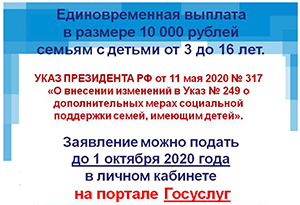 Единовременная выплата  в размере 10 000 рублей  семьям с детьми от 3 до 16 лет.